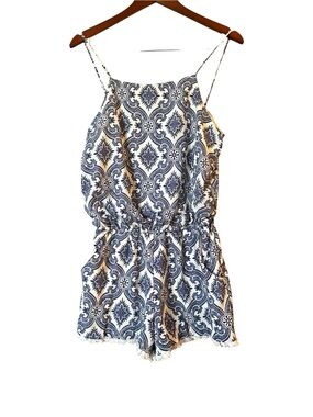 Bisou Bisou Blue and White Tile-Print Spaghetti Strap Romper